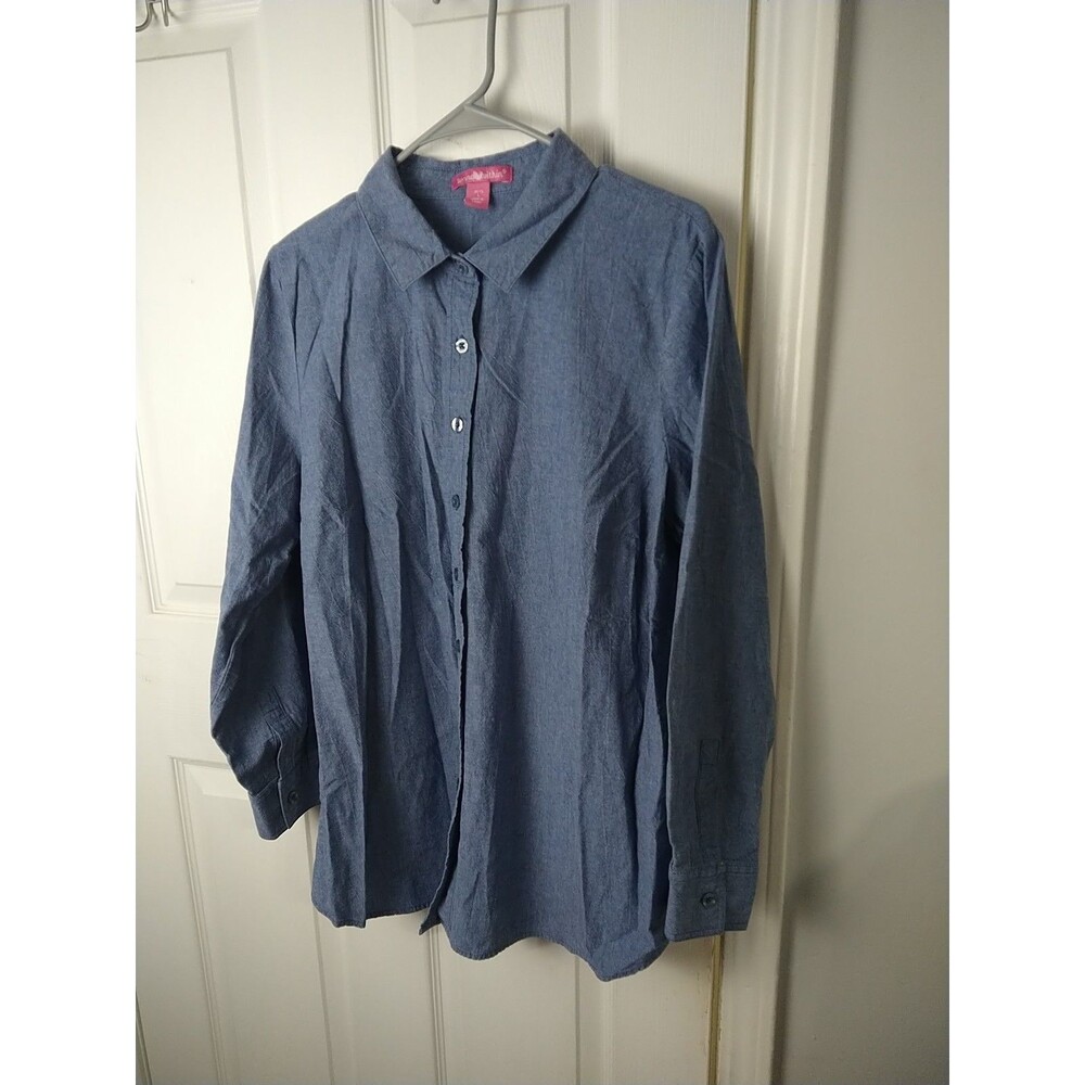Woman Within 18/20 Blue Button Shirt Casual Denim Look LS - Picture 2 of 8
